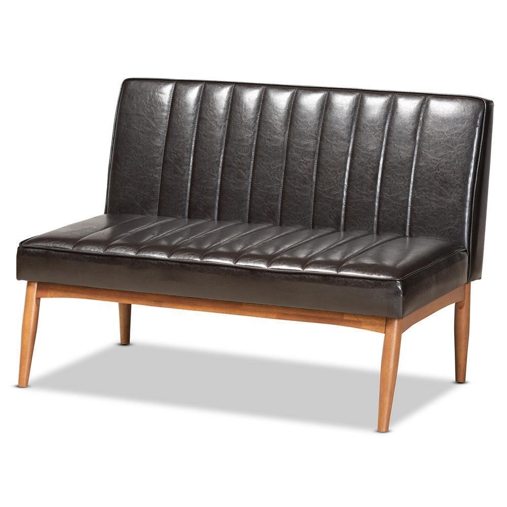 Daymond Mid-Century Modern Dark Brown Faux Leather Upholstered and Walnut Brown Finished Wood 2-Piece Dining Nook Banquette Set FredCo