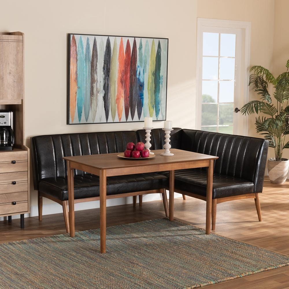 Daymond Mid-Century Modern Dark Brown Faux Leather Upholstered and Walnut Brown Finished Wood 3-Piece Dining Nook Set FredCo