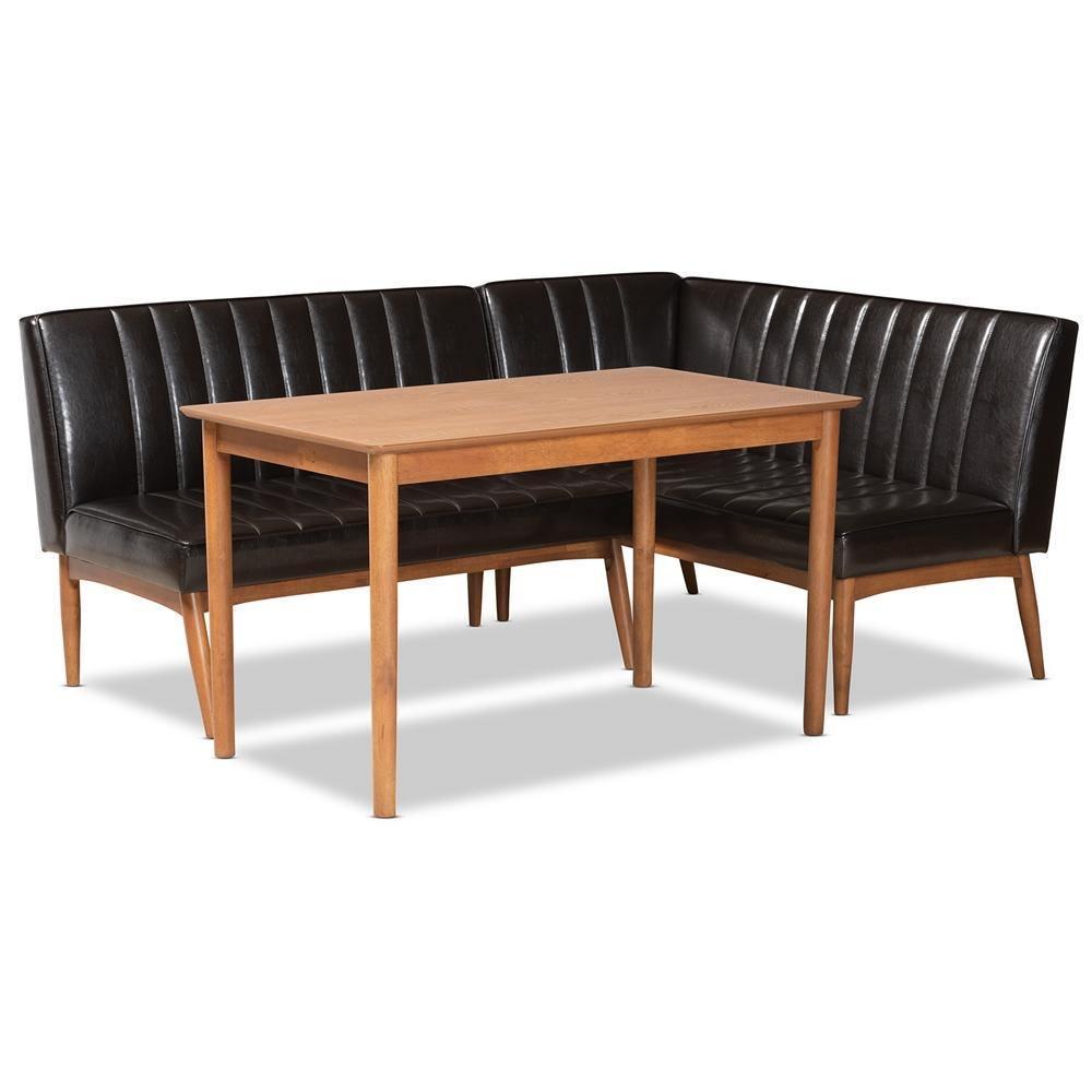 Daymond Mid-Century Modern Dark Brown Faux Leather Upholstered and Walnut Brown Finished Wood 3-Piece Dining Nook Set FredCo