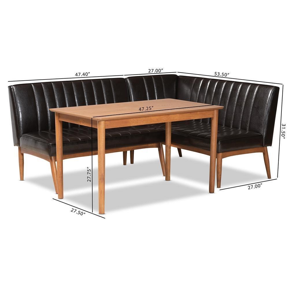 Daymond Mid-Century Modern Dark Brown Faux Leather Upholstered and Walnut Brown Finished Wood 3-Piece Dining Nook Set FredCo