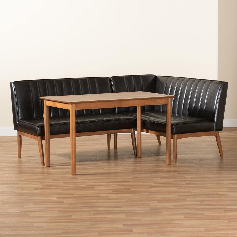 Daymond Mid-Century Modern Dark Brown Faux Leather Upholstered and Walnut Brown Finished Wood 3-Piece Dining Nook Set FredCo