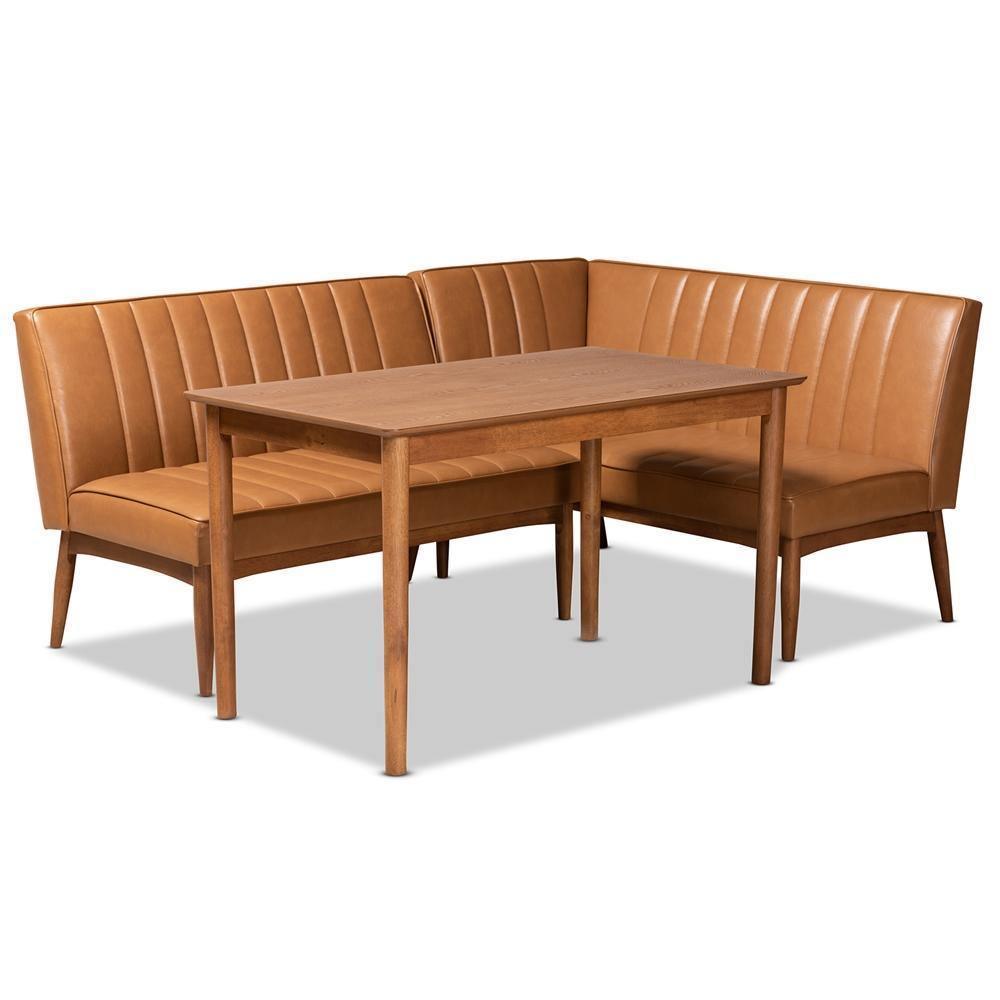 Daymond Mid-Century Modern Tan Faux Leather Upholstered and Walnut Brown Finished Wood 3-Piece Dining Nook Set FredCo