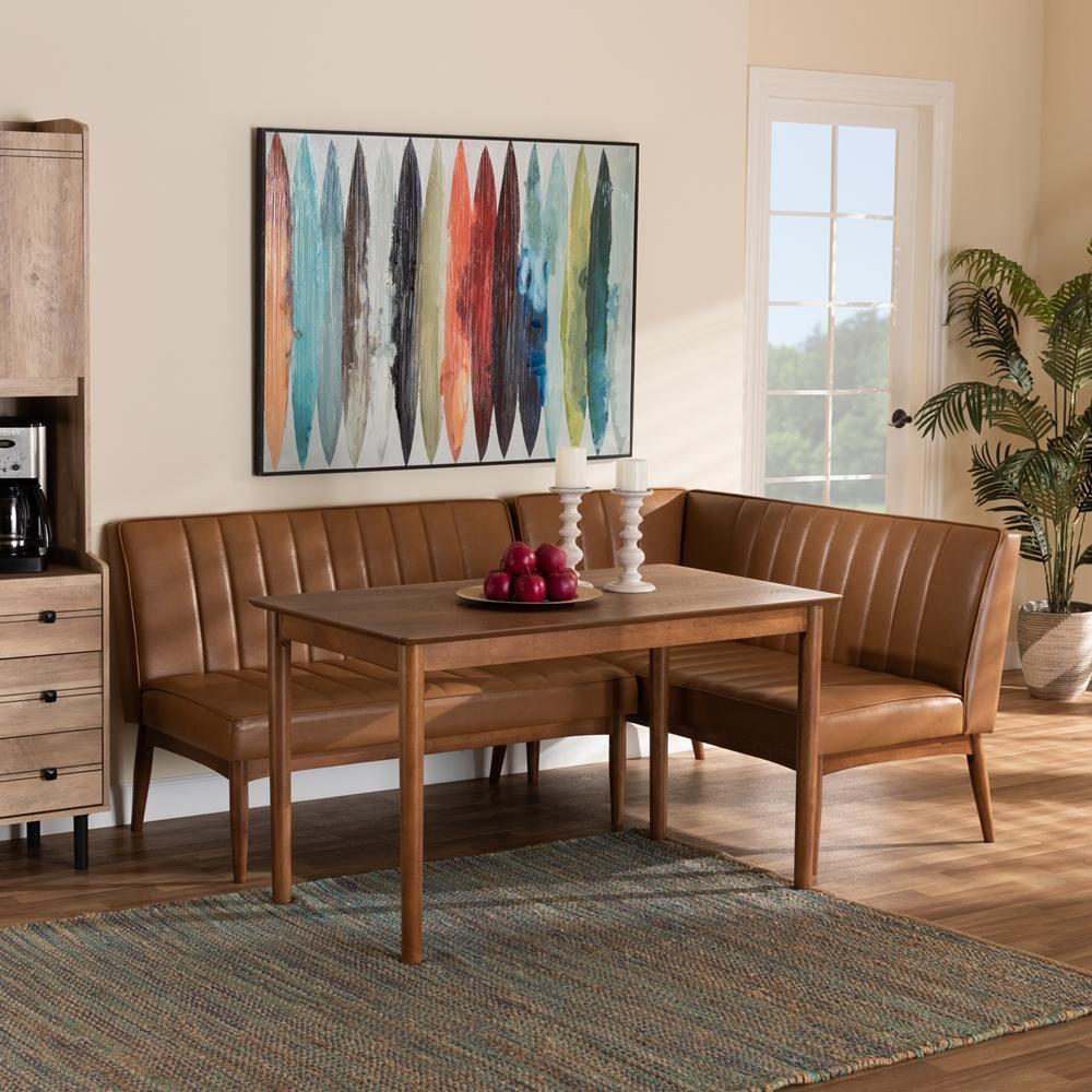Daymond Mid-Century Modern Tan Faux Leather Upholstered and Walnut Brown Finished Wood 3-Piece Dining Nook Set FredCo