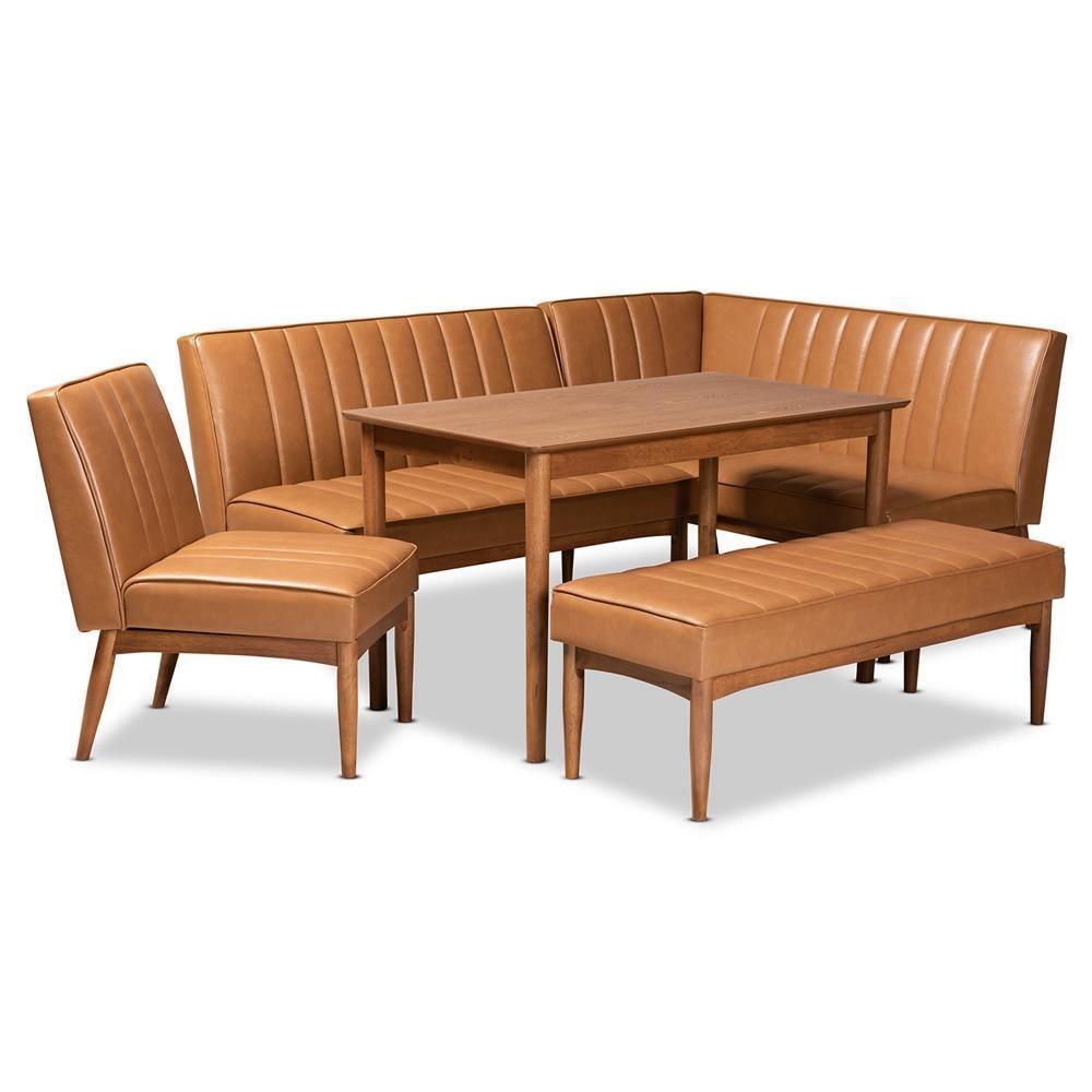 Daymond Mid-Century Modern Tan Faux Leather Upholstered and Walnut Brown Finished Wood 5-Piece Dining Nook Set FredCo