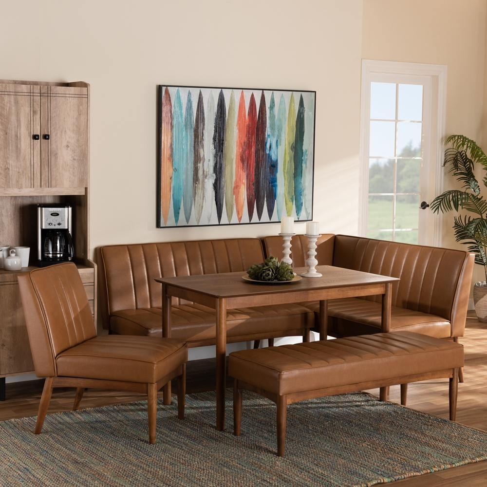 Daymond Mid-Century Modern Tan Faux Leather Upholstered and Walnut Brown Finished Wood 5-Piece Dining Nook Set FredCo