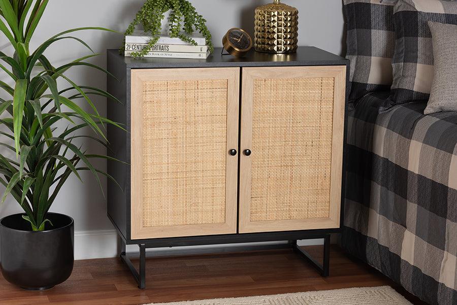 Declan Mid-Century Modern Espresso Brown Finished Wood and Natural Rattan 2-Door Storage Cabinet FredCo