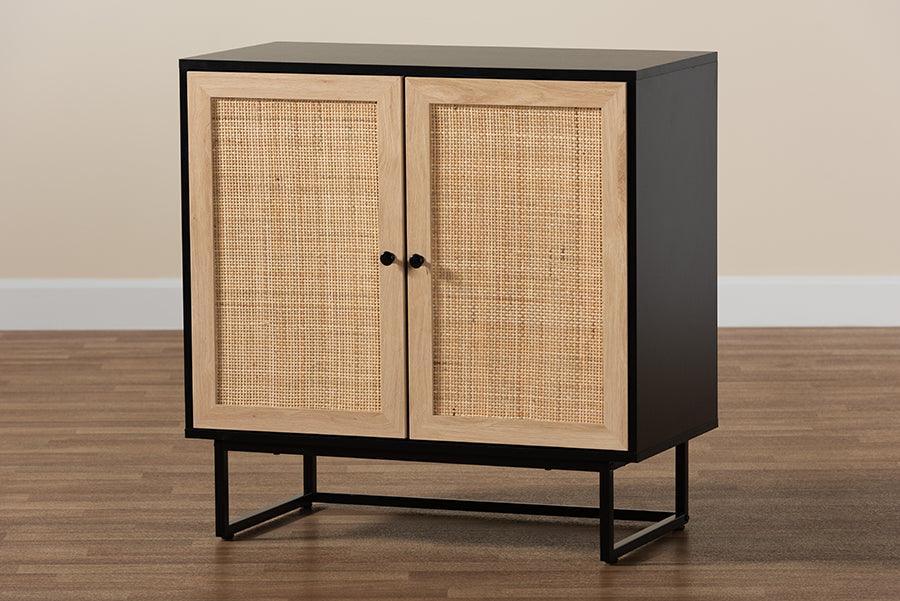 Declan Mid-Century Modern Espresso Brown Finished Wood and Natural Rattan 2-Door Storage Cabinet FredCo