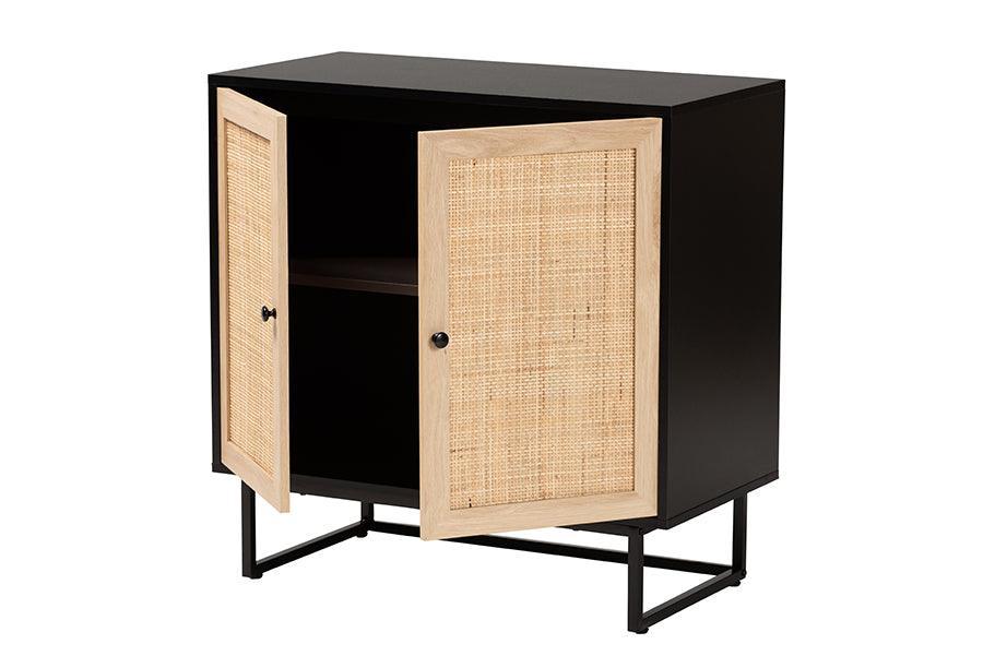 Declan Mid-Century Modern Espresso Brown Finished Wood and Natural Rattan 2-Door Storage Cabinet FredCo