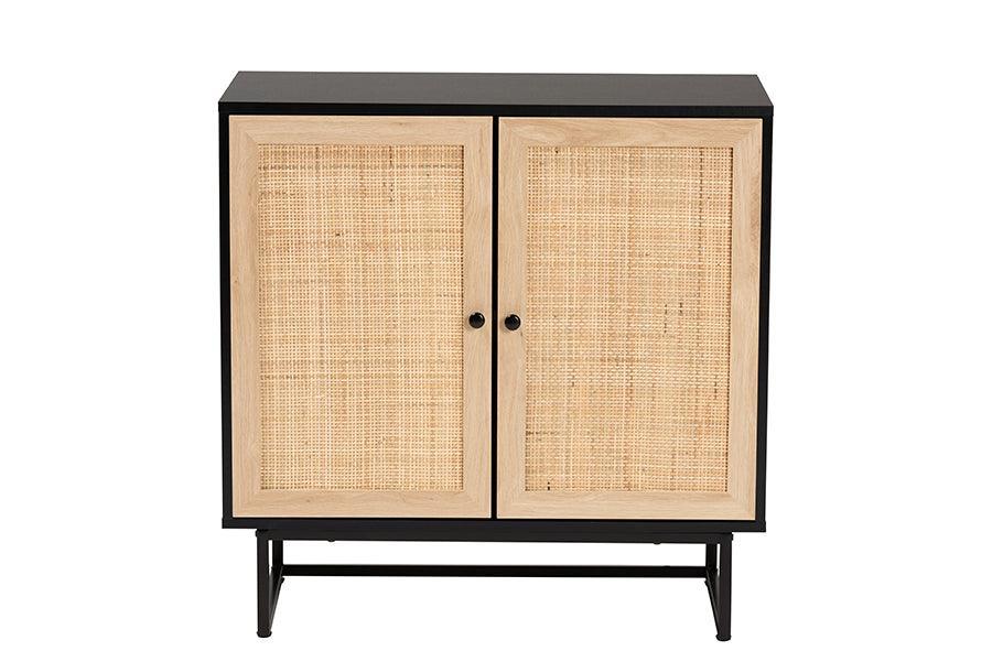Declan Mid-Century Modern Espresso Brown Finished Wood and Natural Rattan 2-Door Storage Cabinet FredCo