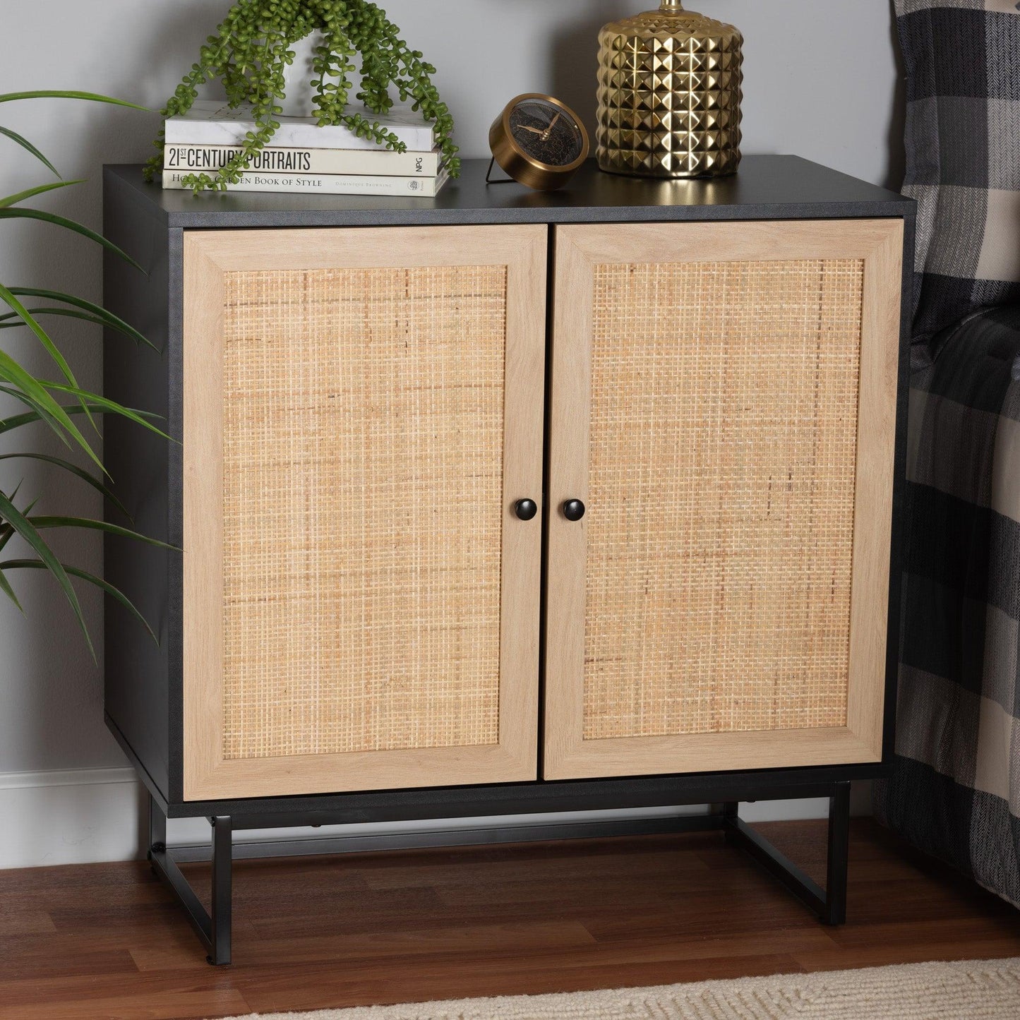 Declan Mid-Century Modern Espresso Brown Finished Wood and Natural Rattan 2-Door Storage Cabinet FredCo
