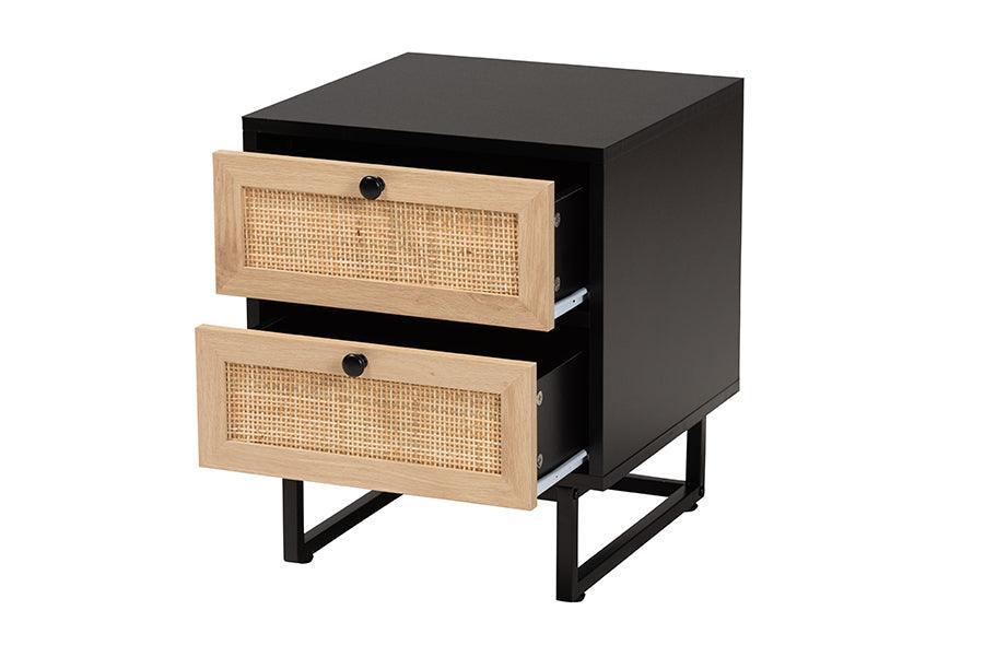 Declan Mid-Century Modern Espresso Brown Finished Wood and Natural Rattan 2-Drawer Nightstand FredCo