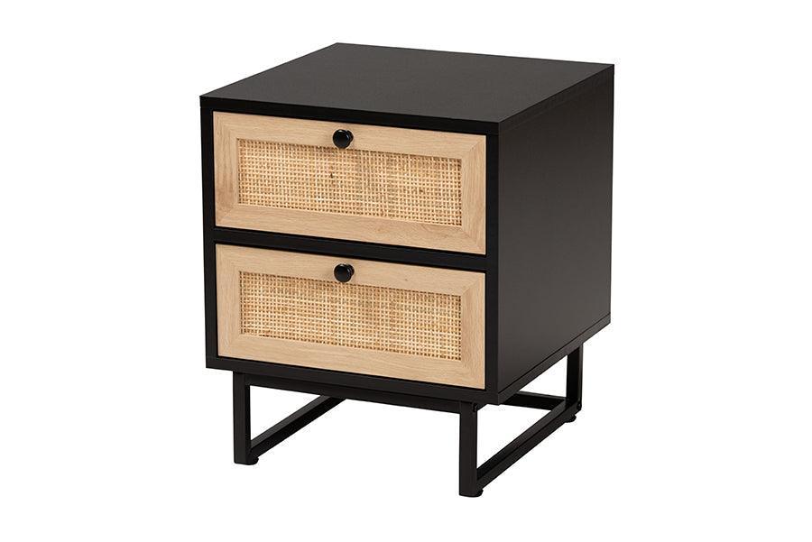 Declan Mid-Century Modern Espresso Brown Finished Wood and Natural Rattan 2-Drawer Nightstand FredCo