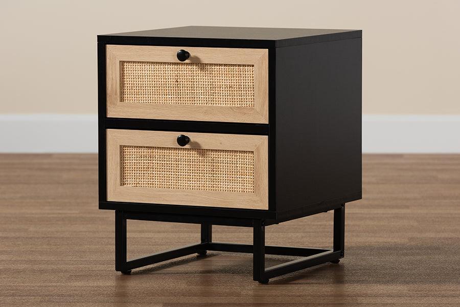 Declan Mid-Century Modern Espresso Brown Finished Wood and Natural Rattan 2-Drawer Nightstand FredCo