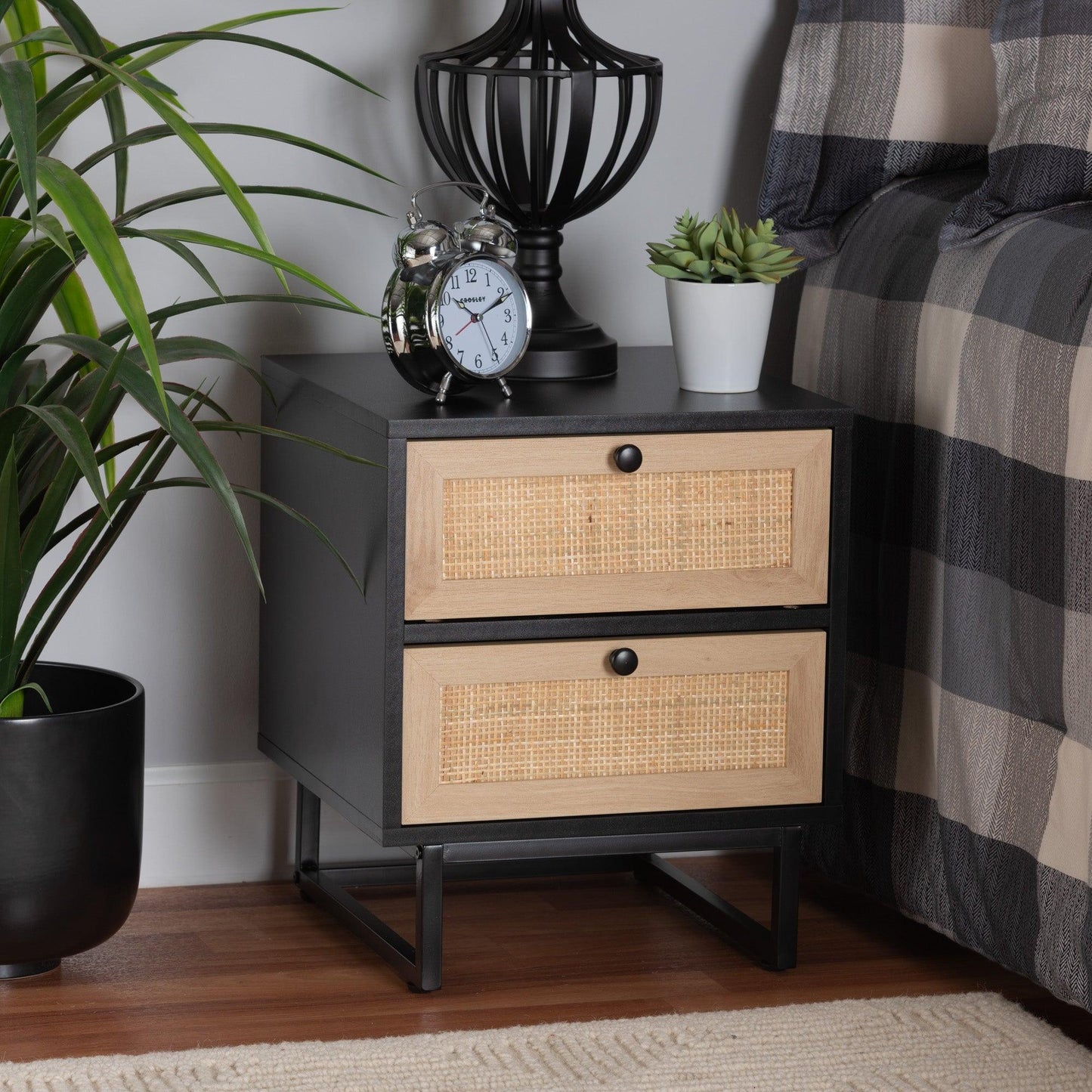 Declan Mid-Century Modern Espresso Brown Finished Wood and Natural Rattan 2-Drawer Nightstand FredCo