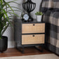 Declan Mid-Century Modern Espresso Brown Finished Wood and Natural Rattan 2-Drawer Nightstand FredCo