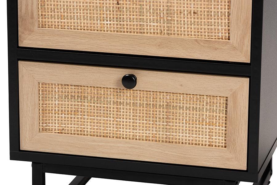 Declan Mid-Century Modern Espresso Brown Finished Wood and Natural Rattan 2-Drawer Nightstand FredCo