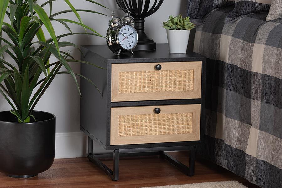Declan Mid-Century Modern Espresso Brown Finished Wood and Natural Rattan 2-Drawer Nightstand FredCo