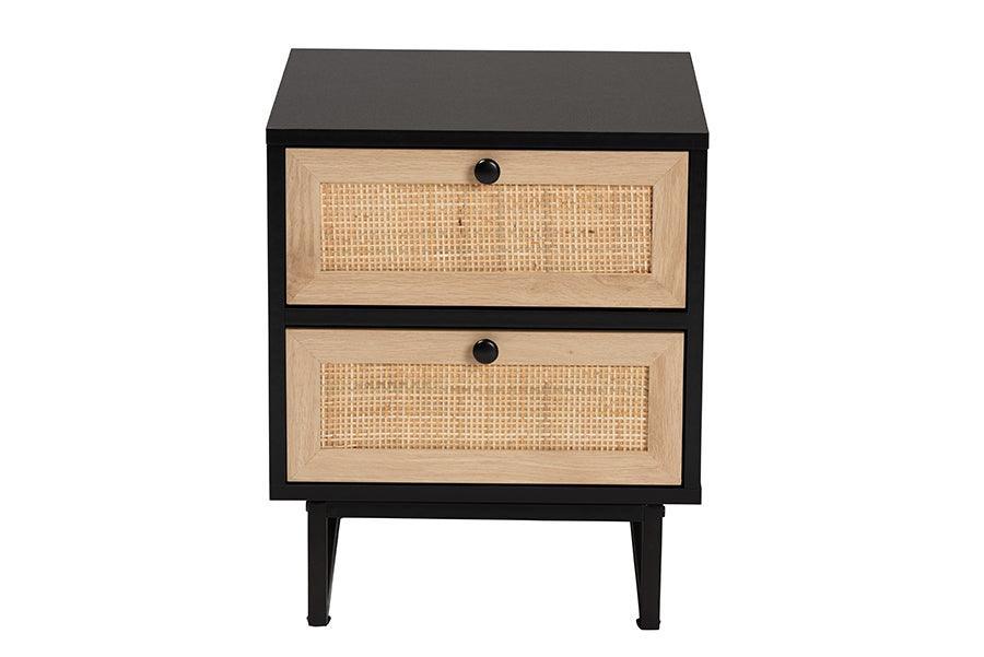 Declan Mid-Century Modern Espresso Brown Finished Wood and Natural Rattan 2-Drawer Nightstand FredCo