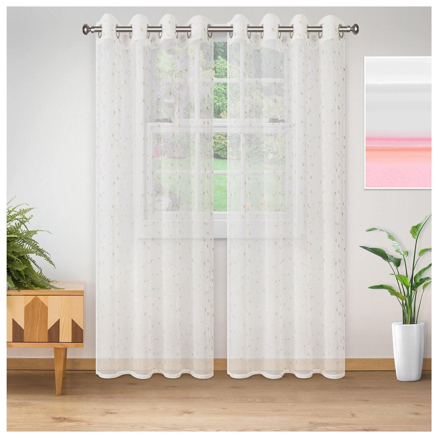 Delicate Flower Embroidered Sheer Grommet Panel 2-Piece Curtain Set FredCo