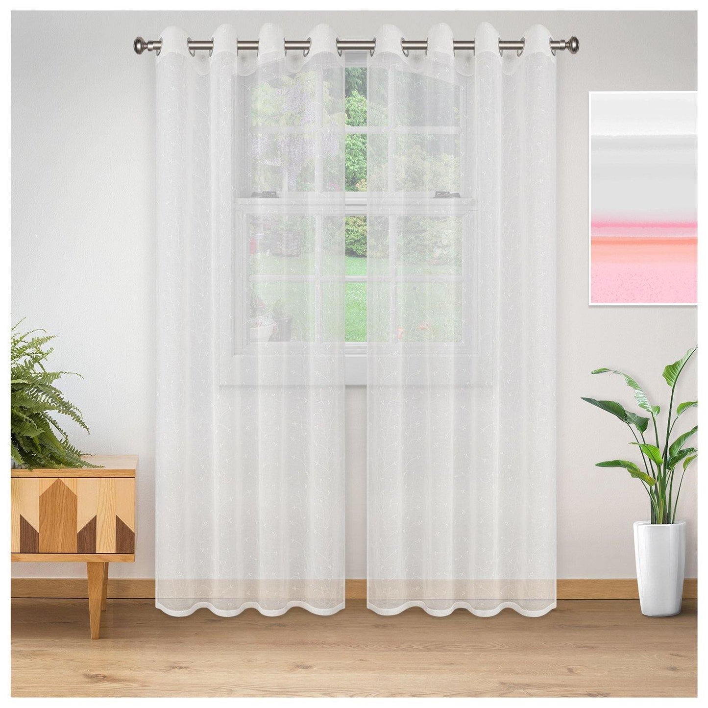Delicate Flower Embroidered Sheer Grommet Panel 2-Piece Curtain Set FredCo