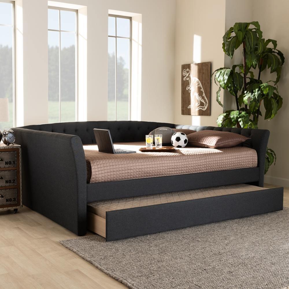 Delora Modern and Contemporary Dark Grey Fabric Upholstered Queen Size Daybed with Roll-Out Trundle Bed FredCo