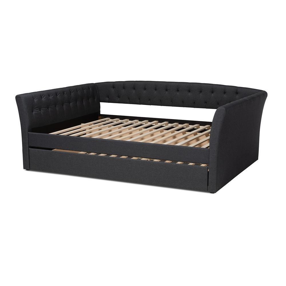 Delora Modern and Contemporary Dark Grey Fabric Upholstered Queen Size Daybed with Roll-Out Trundle Bed FredCo
