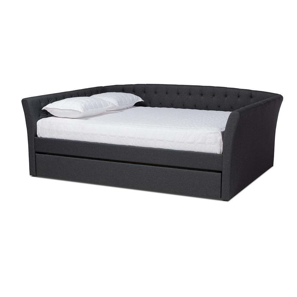 Delora Modern and Contemporary Dark Grey Fabric Upholstered Queen Size Daybed with Roll-Out Trundle Bed FredCo