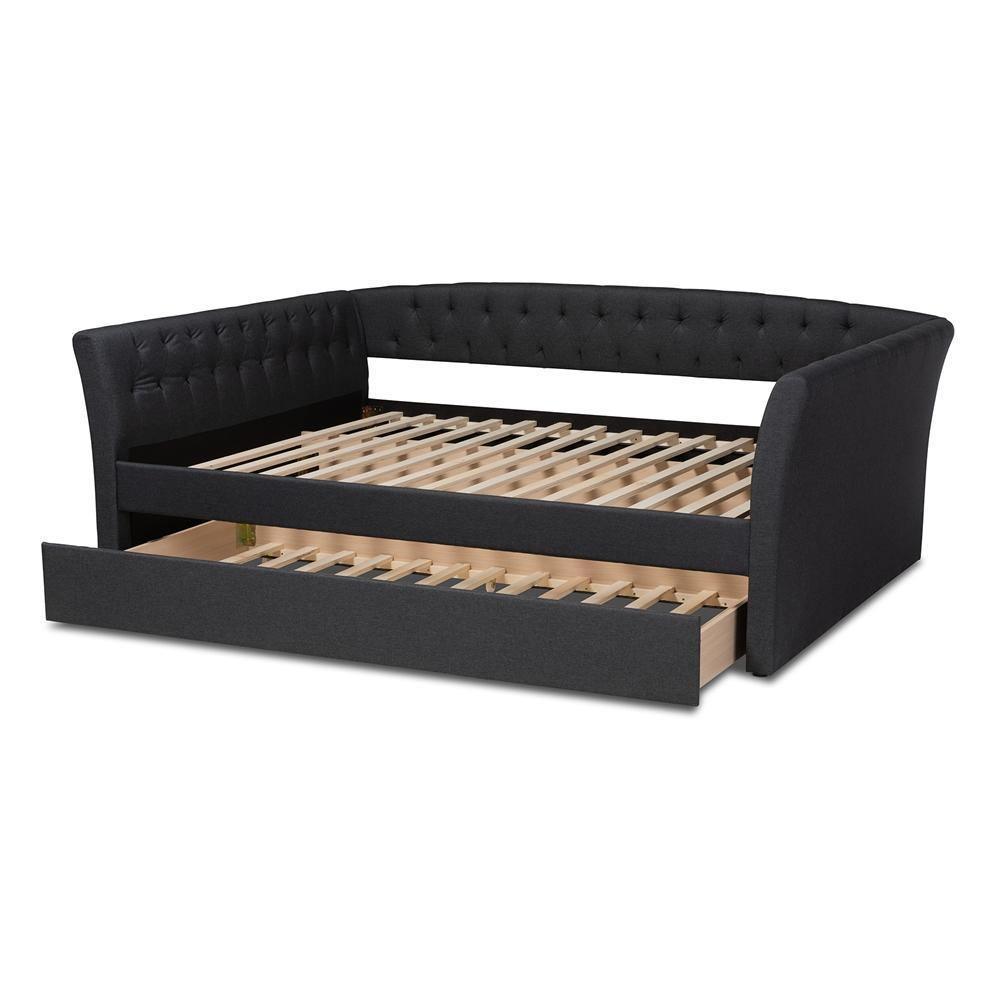 Delora Modern and Contemporary Dark Grey Fabric Upholstered Queen Size Daybed with Roll-Out Trundle Bed FredCo