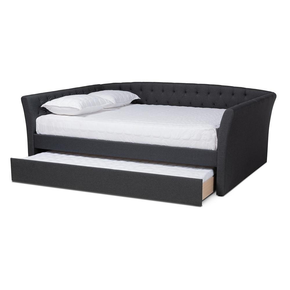 Delora Modern and Contemporary Dark Grey Fabric Upholstered Queen Size Daybed with Roll-Out Trundle Bed FredCo