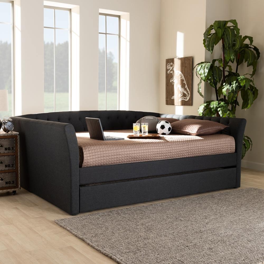 Delora Modern and Contemporary Dark Grey Fabric Upholstered Queen Size Daybed with Roll-Out Trundle Bed FredCo