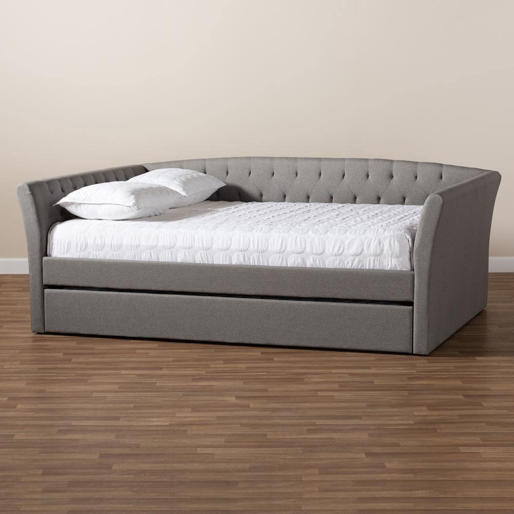 Delora Modern and Contemporary Light Grey Fabric Upholstered Full Size Daybed with Roll-Out Trundle Bed FredCo