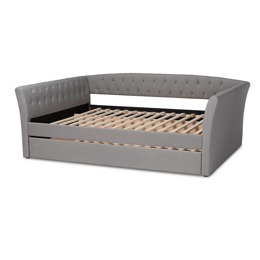 Delora Modern and Contemporary Light Grey Fabric Upholstered Full Size Daybed with Roll-Out Trundle Bed FredCo