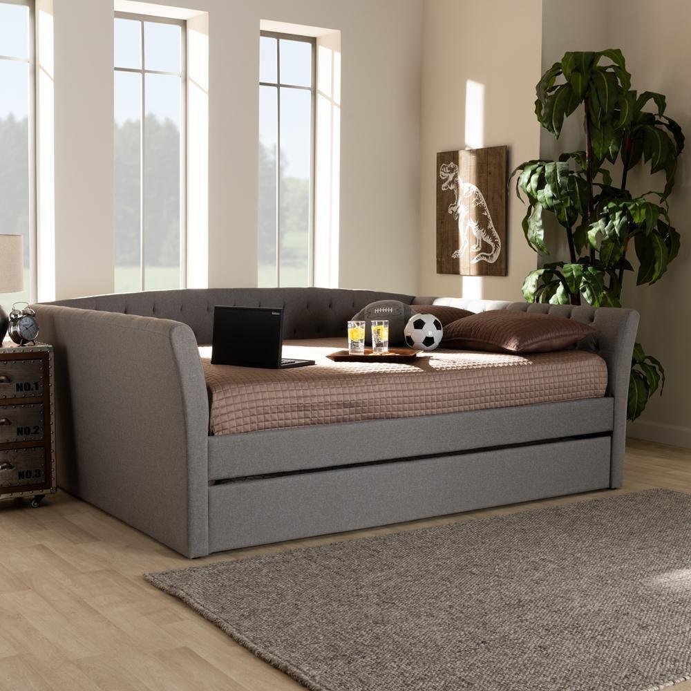 Delora Modern and Contemporary Light Grey Fabric Upholstered Full Size Daybed with Roll-Out Trundle Bed FredCo