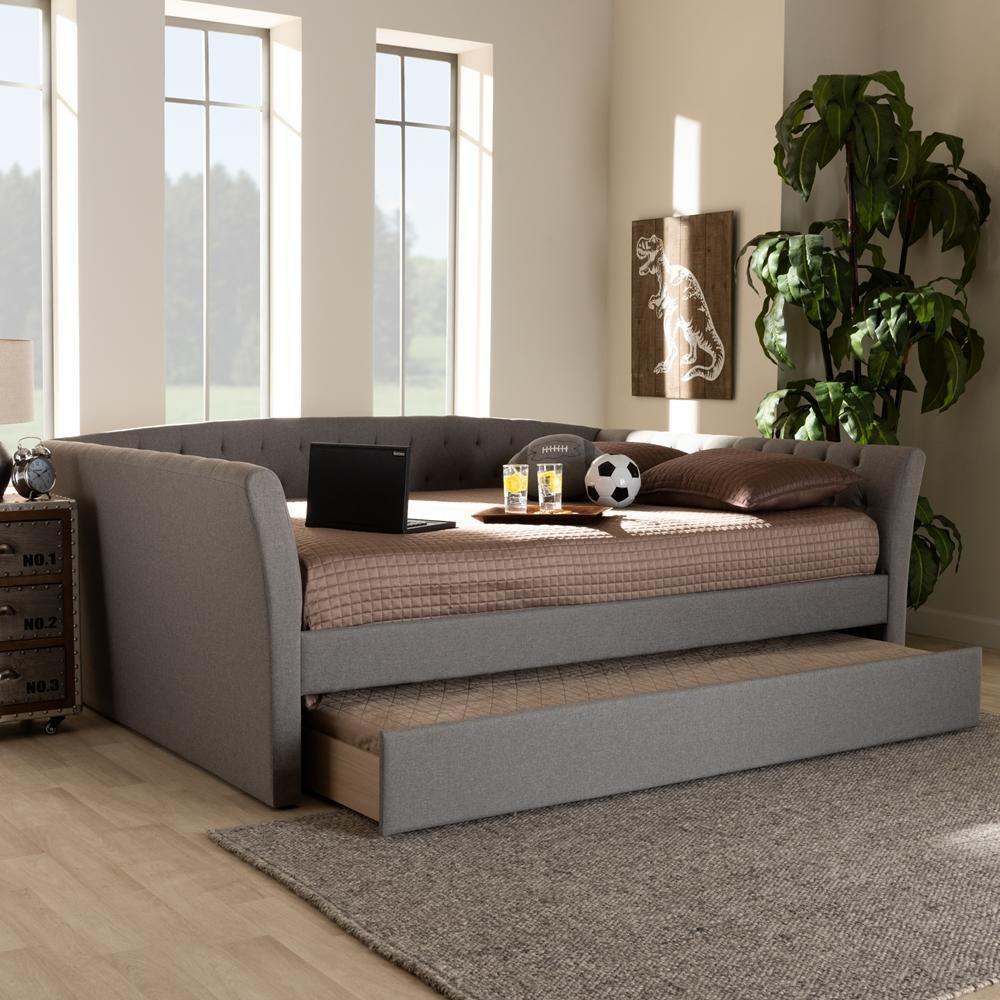 Delora Modern and Contemporary Light Grey Fabric Upholstered Full Size Daybed with Roll-Out Trundle Bed FredCo