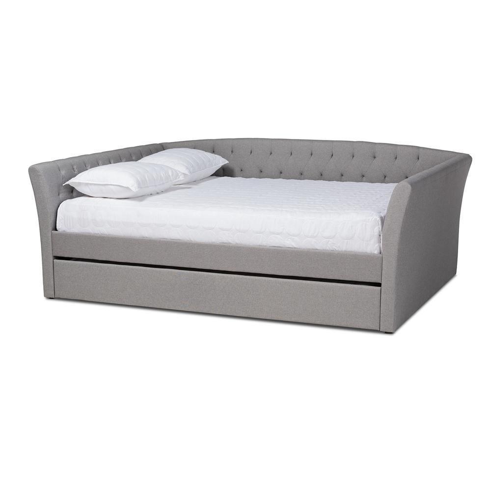 Delora Modern and Contemporary Light Grey Fabric Upholstered Full Size Daybed with Roll-Out Trundle Bed FredCo