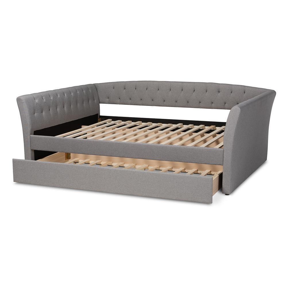 Delora Modern and Contemporary Light Grey Fabric Upholstered Queen Size Daybed with Roll-Out Trundle Bed FredCo