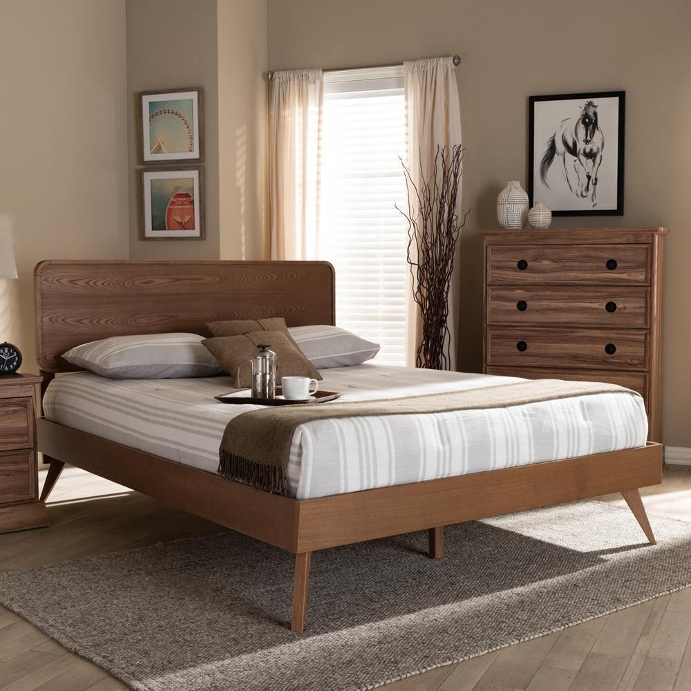 Demeter Mid-Century Modern Walnut Brown Finished Wood King Size Platform Bed FredCo
