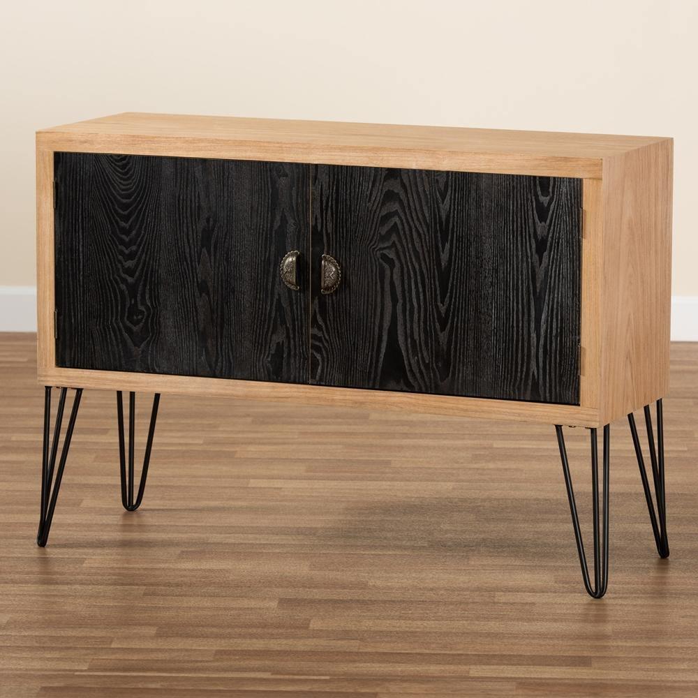 Denali Modern and Contemporary Two-Tone Walnut Brown and Black Finished Wood and Metal Storage Cabinet FredCo