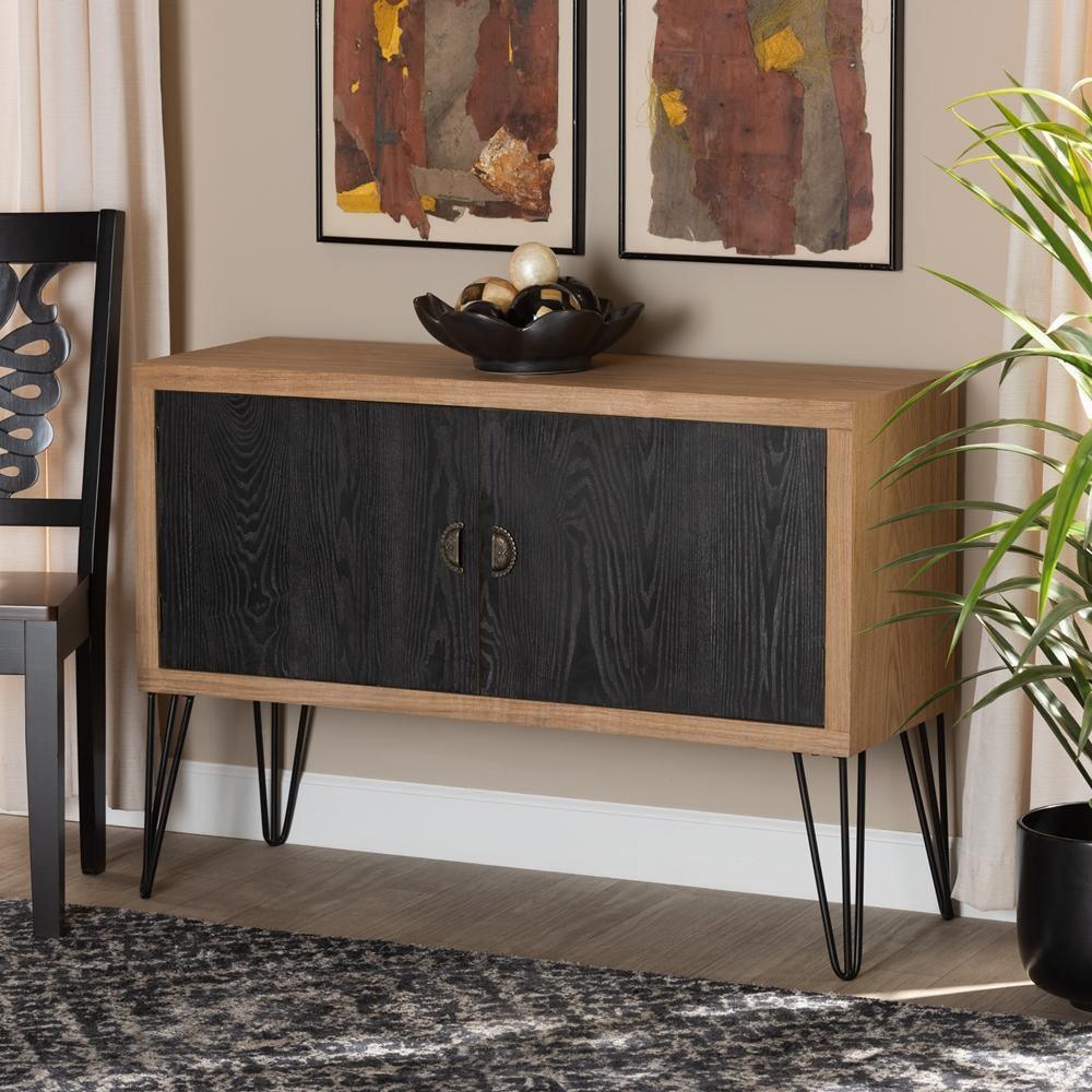 Denali Modern and Contemporary Two-Tone Walnut Brown and Black Finished Wood and Metal Storage Cabinet FredCo