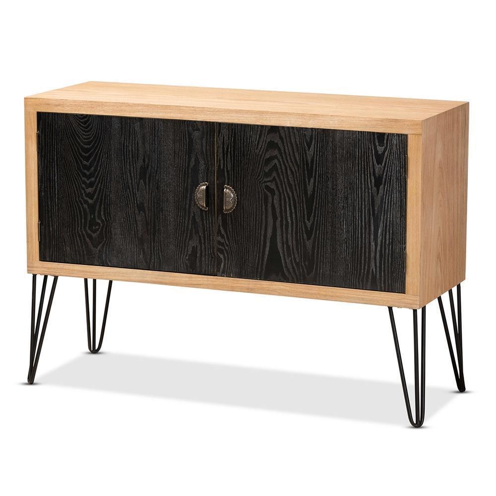 Denali Modern and Contemporary Two-Tone Walnut Brown and Black Finished Wood and Metal Storage Cabinet FredCo