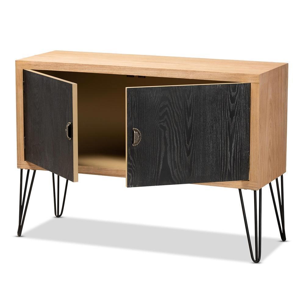 Denali Modern and Contemporary Two-Tone Walnut Brown and Black Finished Wood and Metal Storage Cabinet FredCo