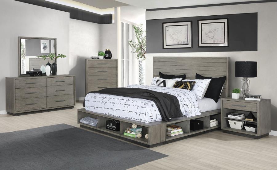 Derbyshire 4-piece Eastern King Storage Bedroom Set Grey Oak Coaster FredCo