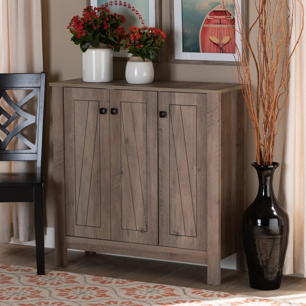 Derek Modern and Contemporary Transitional Natural Oak Finished Wood 3-Door Shoe Cabinet FredCo