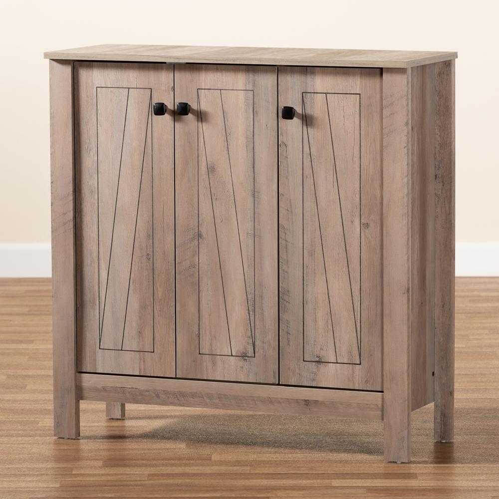 Derek Modern and Contemporary Transitional Natural Oak Finished Wood 3-Door Shoe Cabinet FredCo