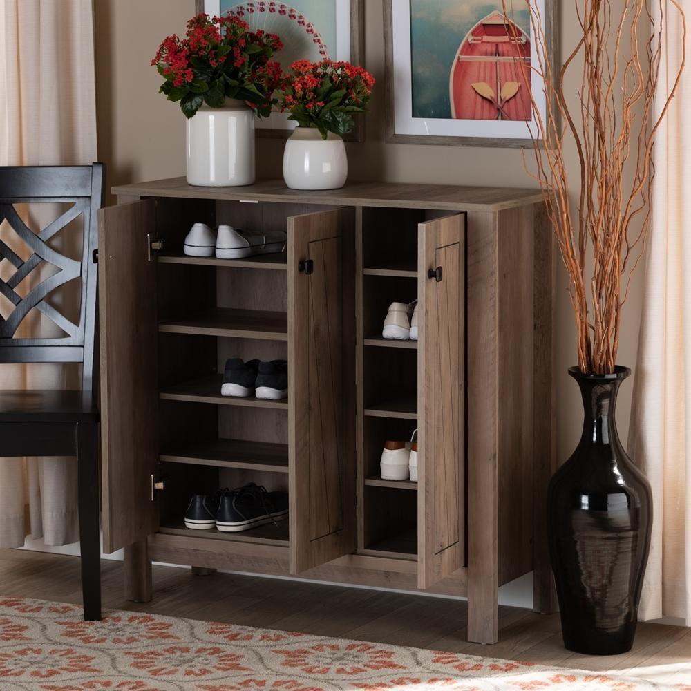 Derek Modern and Contemporary Transitional Natural Oak Finished Wood 3-Door Shoe Cabinet FredCo