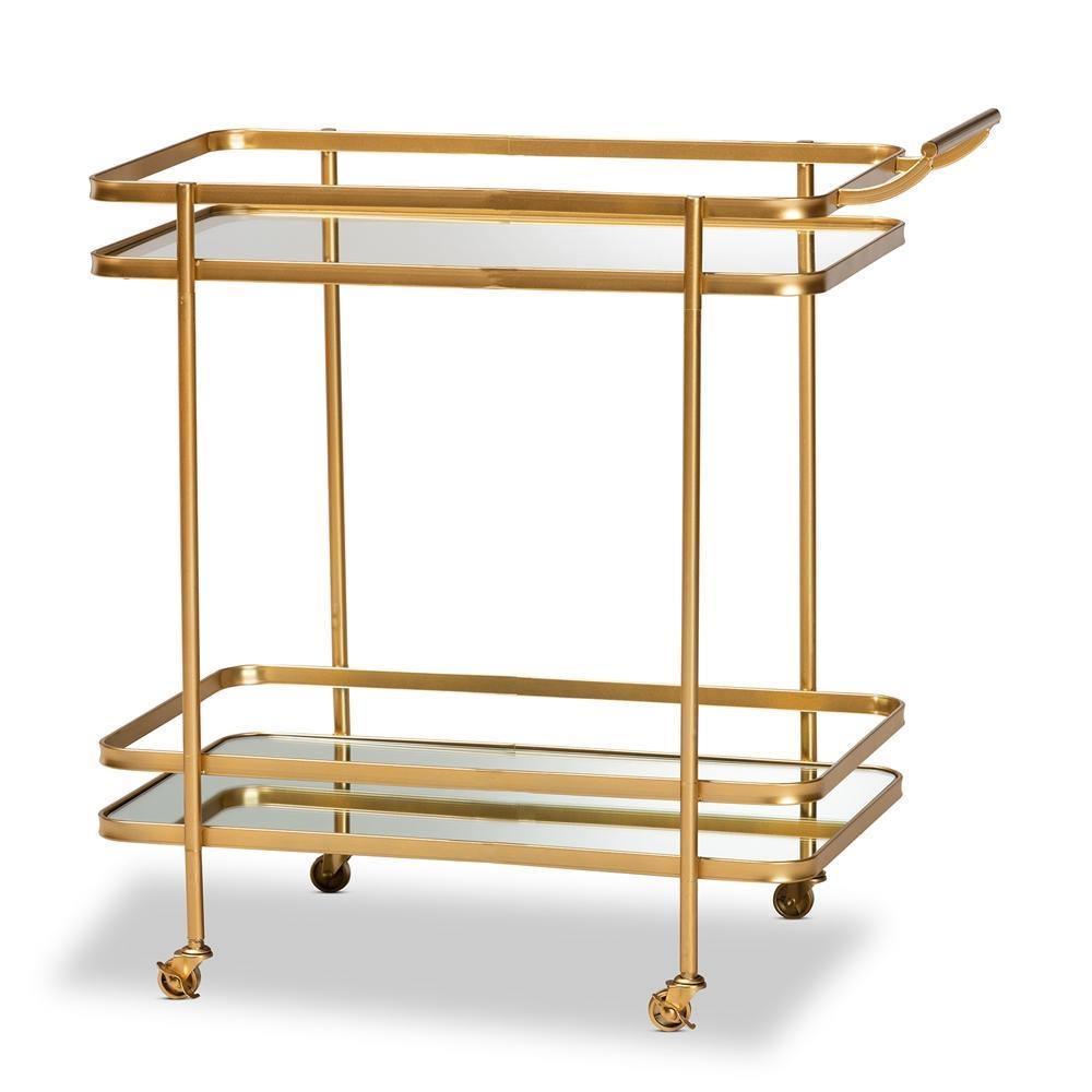 Destin Modern and Contemporary Glam Brushed Gold Finished Metal and Mirrored Glass 2-Tier Mobile Wine Bar Cart FredCo