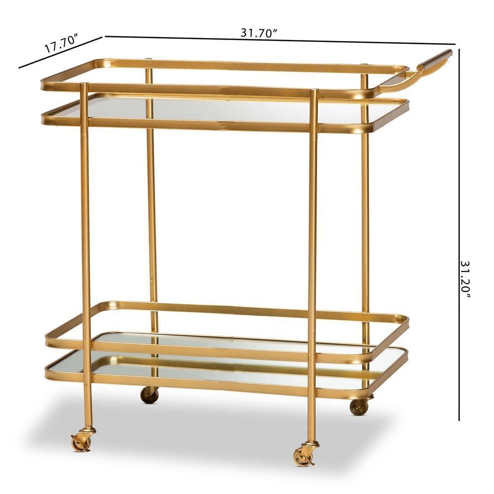 Destin Modern and Contemporary Glam Brushed Gold Finished Metal and Mirrored Glass 2-Tier Mobile Wine Bar Cart FredCo