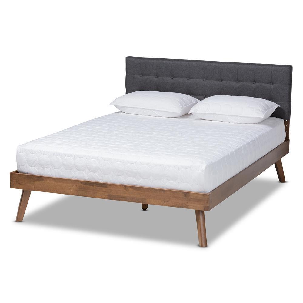 Devan Mid-Century Modern Dark Grey Fabric Upholstered Walnut Brown Finished Wood Queen Size Platform Bed FredCo