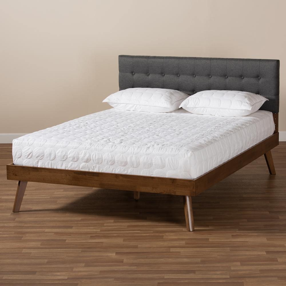 Devan Mid-Century Modern Dark Grey Fabric Upholstered Walnut Brown Finished Wood Queen Size Platform Bed FredCo