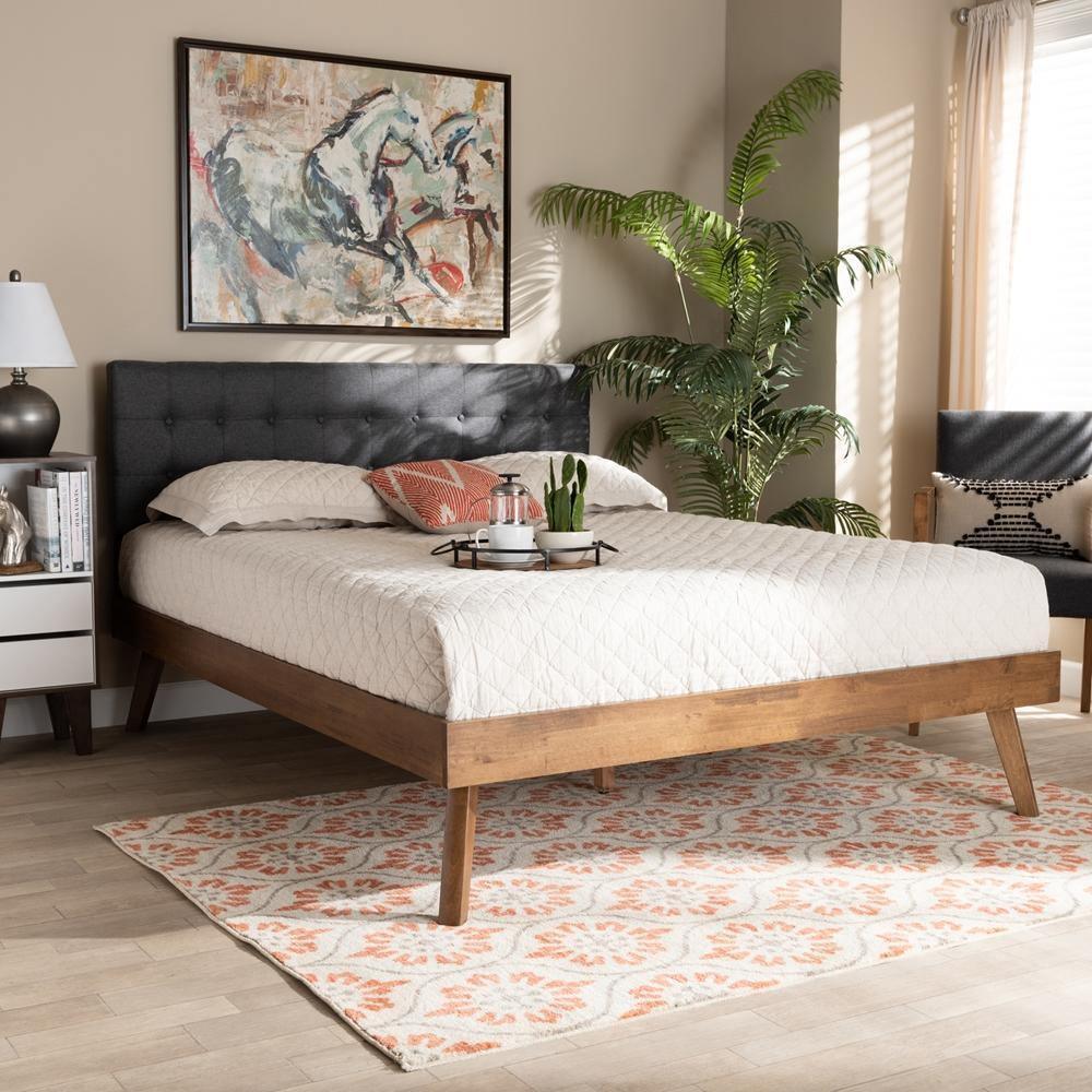 Devan Mid-Century Modern Dark Grey Fabric Upholstered Walnut Brown Finished Wood Queen Size Platform Bed FredCo